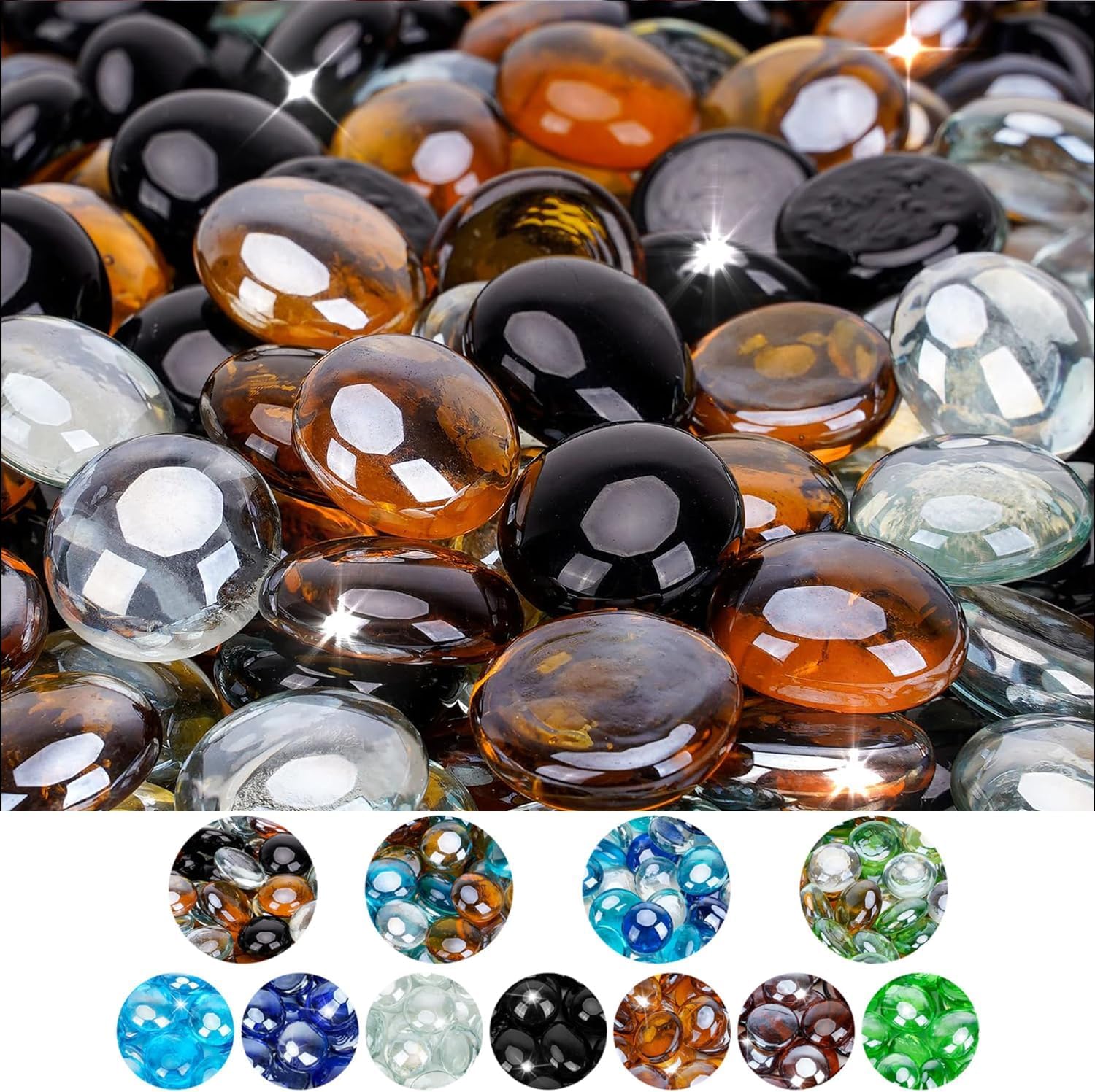 Mr. Fireglass 10 Pound Blended Fire Glass Beads, 1/2" High Luster Mixed Colored Fire Glass Drops for Fireplace Fire Pit & Lanscaping, Onyx Black, Crystal Ice, Caramel