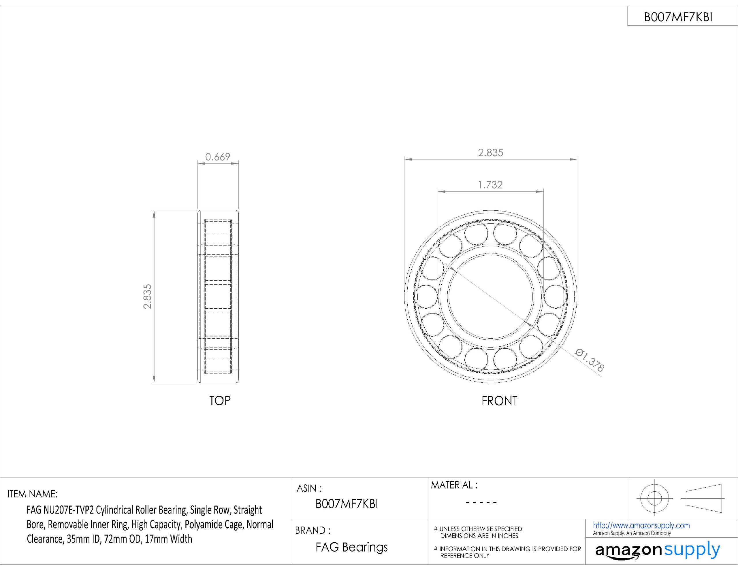 FAG NU207E-TVP2 Roulement à rouleaux cylindriques, à une rangée, alésage droit, bague intérieure amovible, grande capacité, cage polyamide, jeu normal, diamètre 35 mm, diamètre 72 mm, largeur 17 mm