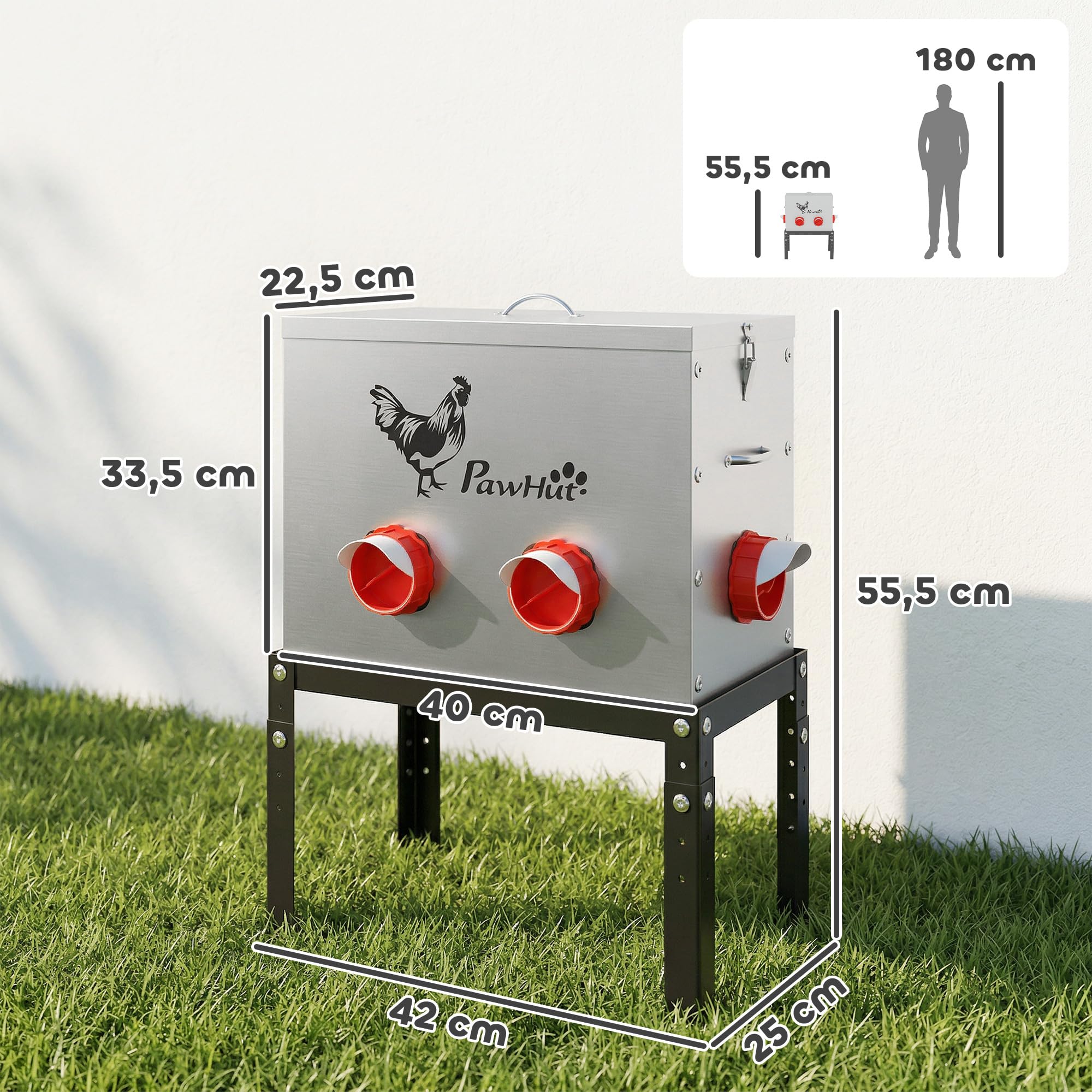 PawHut Mangeoire Automatique à Poulet 27 L en Acier Galvanisé, 6 Ports, Couvercle Verrouillable, Hauteur Reglable, Anti-Gaspillage, Grande Mangeoire pour Poules Canards, Argent