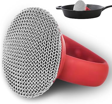 Cast Iron Cleaning Brush with Heavy Duty Handle 2.6mm Fine Chain Scrubber, 316L Stainless Steel for Cleaning Cast Iron Pots, Pans Cookware