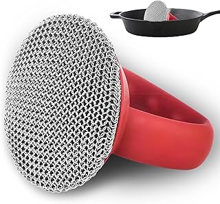 Cast Iron Cleaning Brush with Heavy Duty Handle – 2.6mm Fine Chain Scrubber, 316L Stainless Steel for Cleaning Cast Iron Pots, Pans Cookware