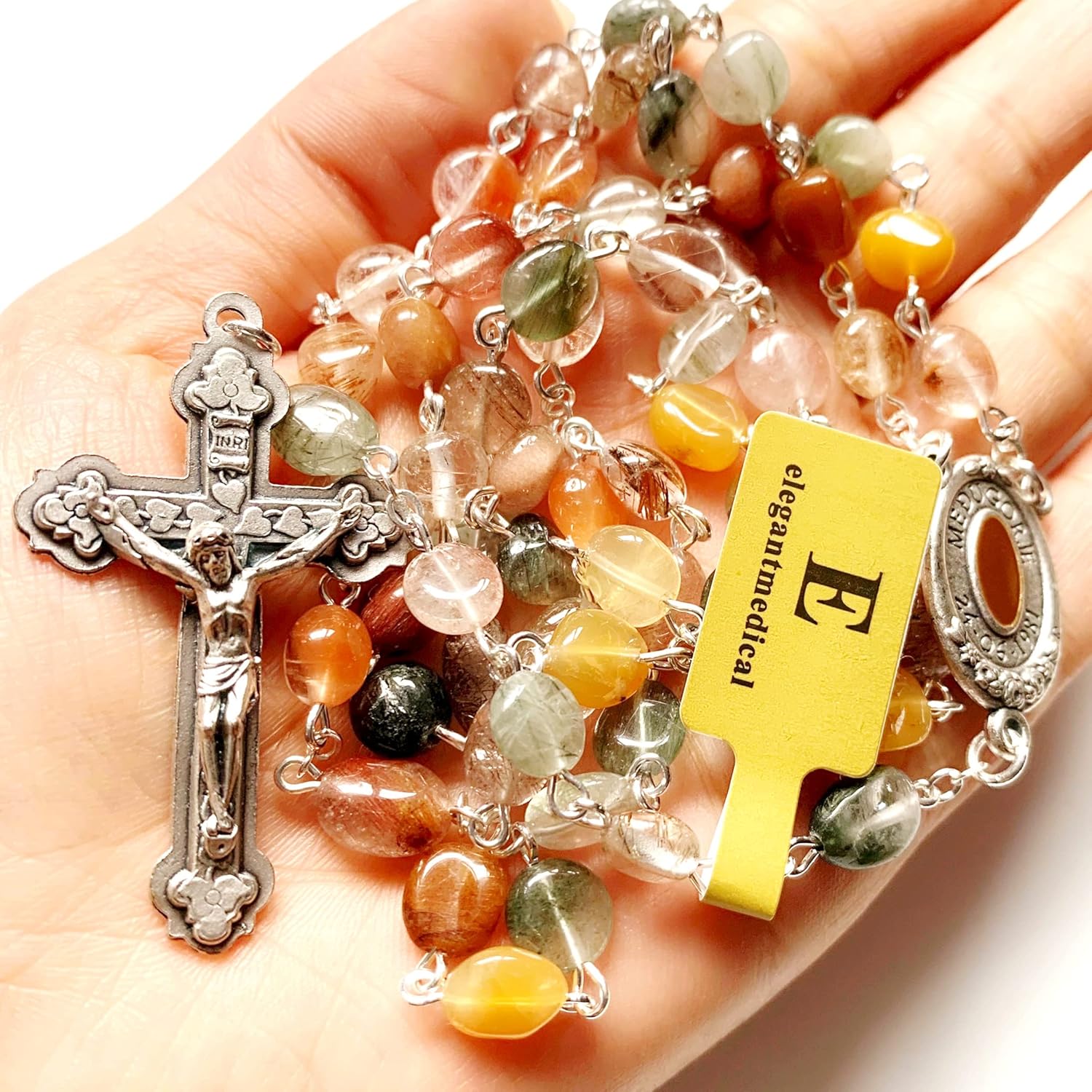 elegantmedical Handmade Natural Quartz Rutilated Beads Rosary Cross Catholic Necklace Gift Box - Image 4