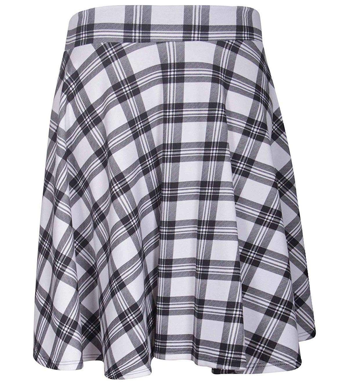Fairy Boutique Women's White Tartan Elasticated Waistband Soft Stretch Skirt Knee Length Fla Swing Skater Midi Skirt
