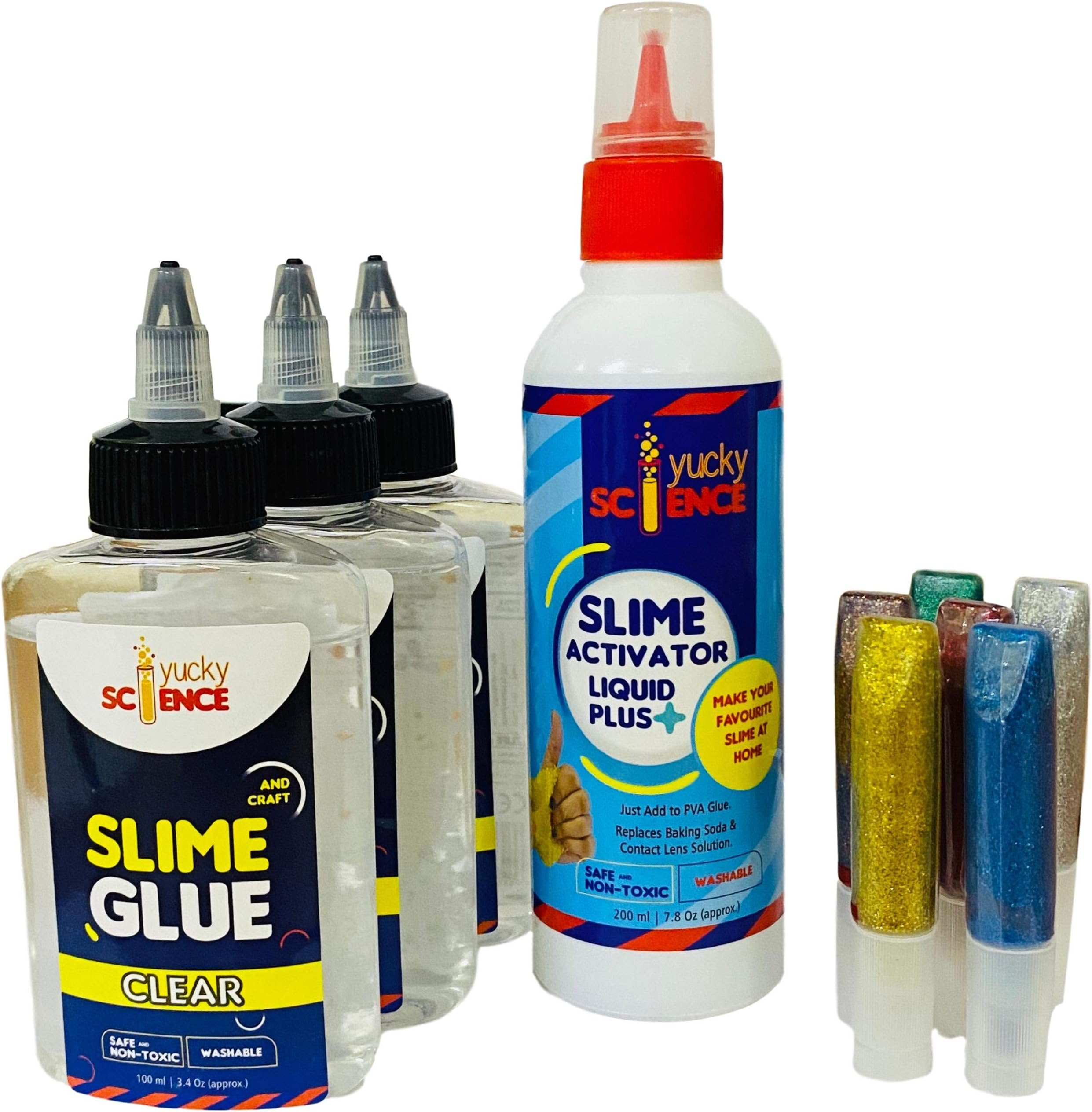 Yucky Science Slime Making Supplies - 3 Bottles Clear Glue (100 ml Each) + 1 Bottle Activator Liquid (200 ml) + 6 Glitter Tubes (Multi Color) - Make 20+ Slimes