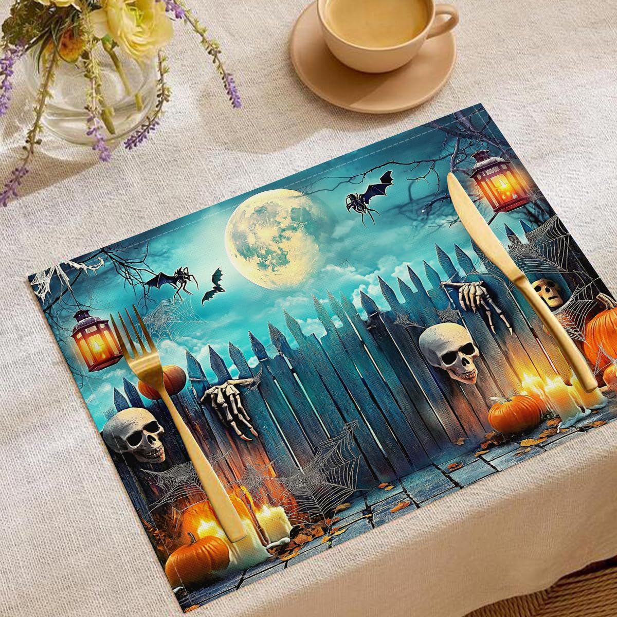 6 Sets de table pleine lune et squelette lavables pour décoration de cuisine