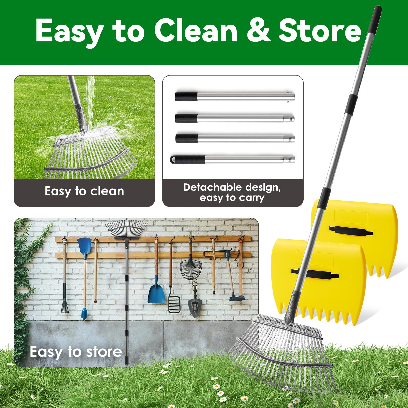 25-Zinken Garten Rechen für Laub, Rasen & Gras, Verstellbarer Langer Stiel Laubrechen, Breiter Metall-Rechenkopf, Ergonomisches Design, Effiziente Reinigung Laubsammler für Garten, Rasen, Moos
