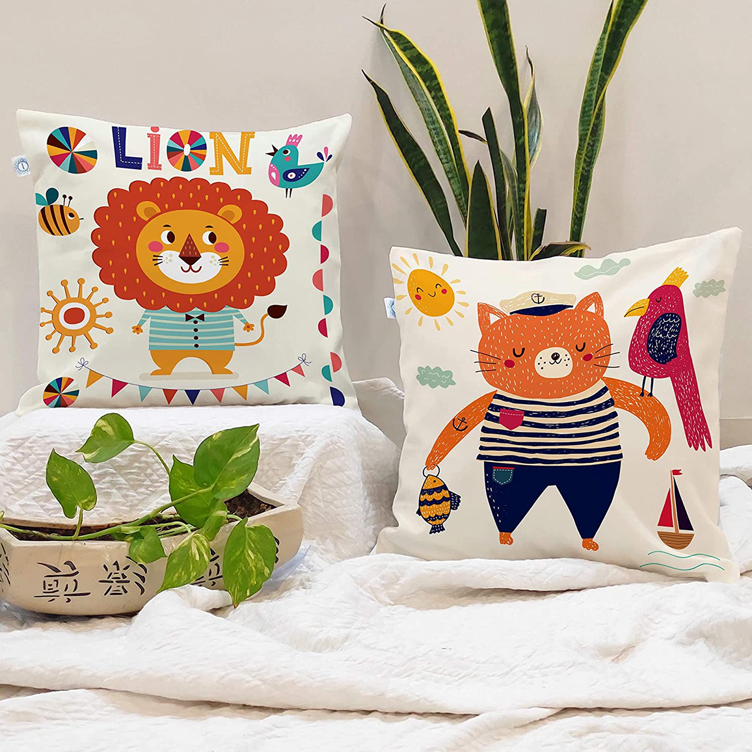 STITCHNEST Set of 2 Folk Art Animal Fantasy Collection Printed Jute Cushion Covers 16x16 Inches | Decorative Throw Pillow Covers for Sofa, Living Room, Bedroom | Perfect for Home Decor