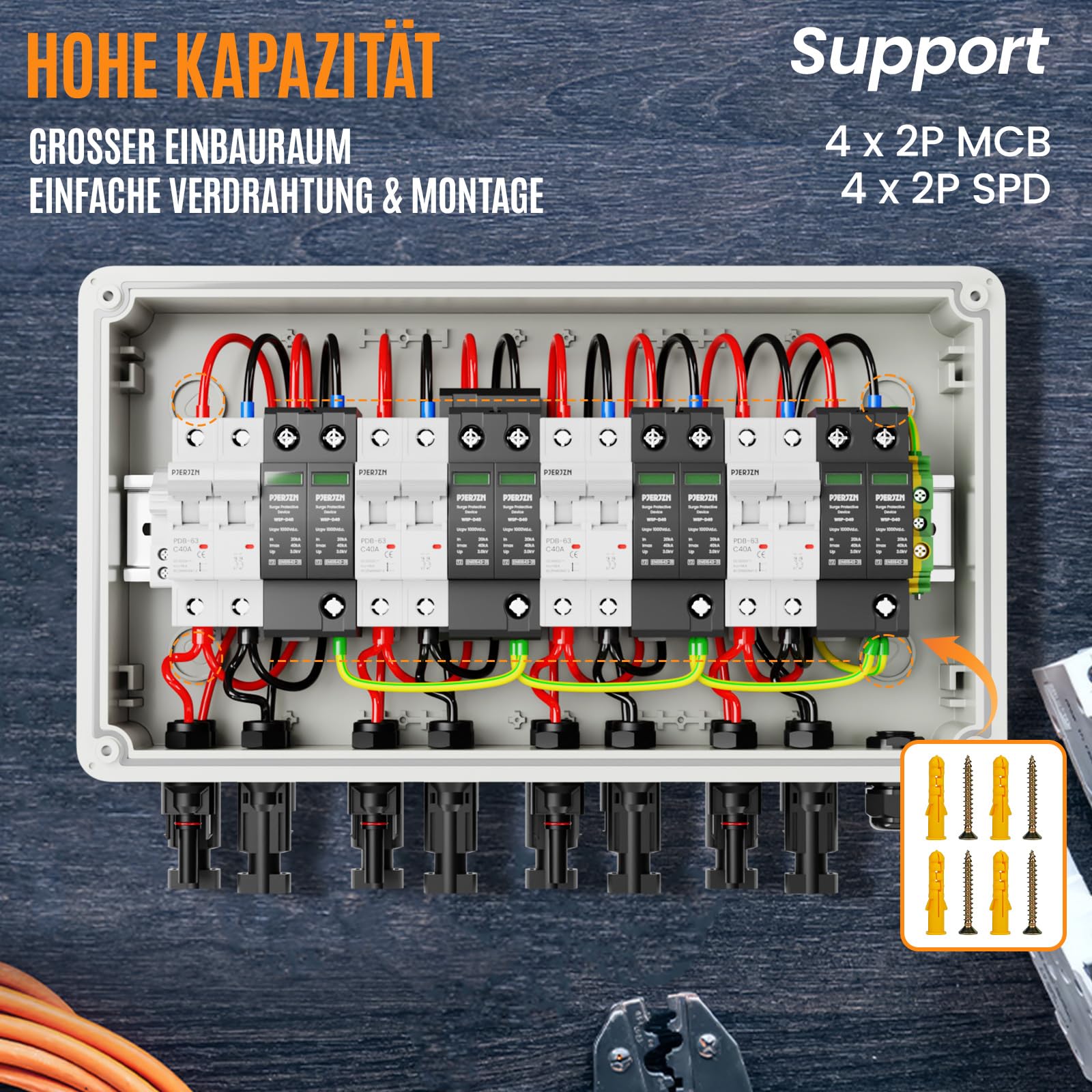 Überspannungsschutz PV DC1000V 4 String Solar Anschlusskasten, DC Trennschalter mit Blitzschutz & Leitungsschutzschalter 40A, IP65 Wasserdicht UV-Beständiger PV Combiner Box（4 in 4 out）