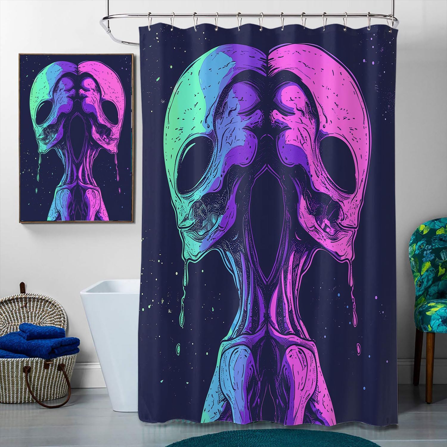 4 Pcs Alien Shower Curtain Set with Non-Slip Rugs, Toilet Lid Cover and Bath Mat Trippy Hippie Neon Blue Purple Martiansal Bathroom Decor Sets Accessories with 12 Hooks
