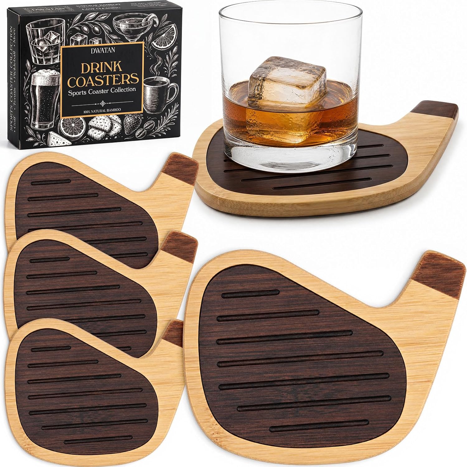 Golf Coasters for Drinks, 4 Pack Bamboo Golf Club Head Coaster Set