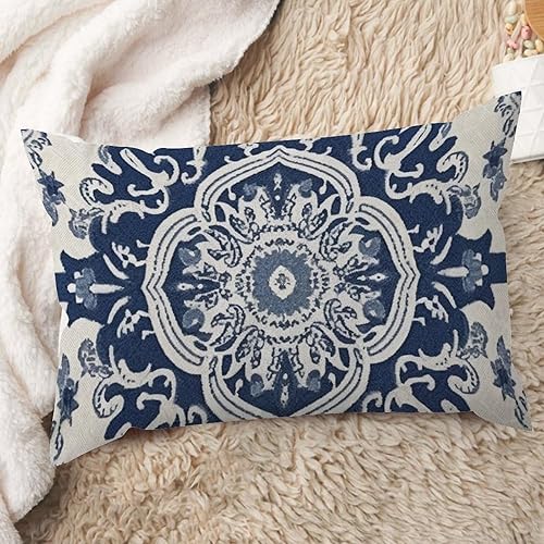 ArogGeld Funda de cojín de damasco azul marino con diseño de flores azules, estilo árabe turco, cojín lumbar, chinoiserie, elegante, asiático, a