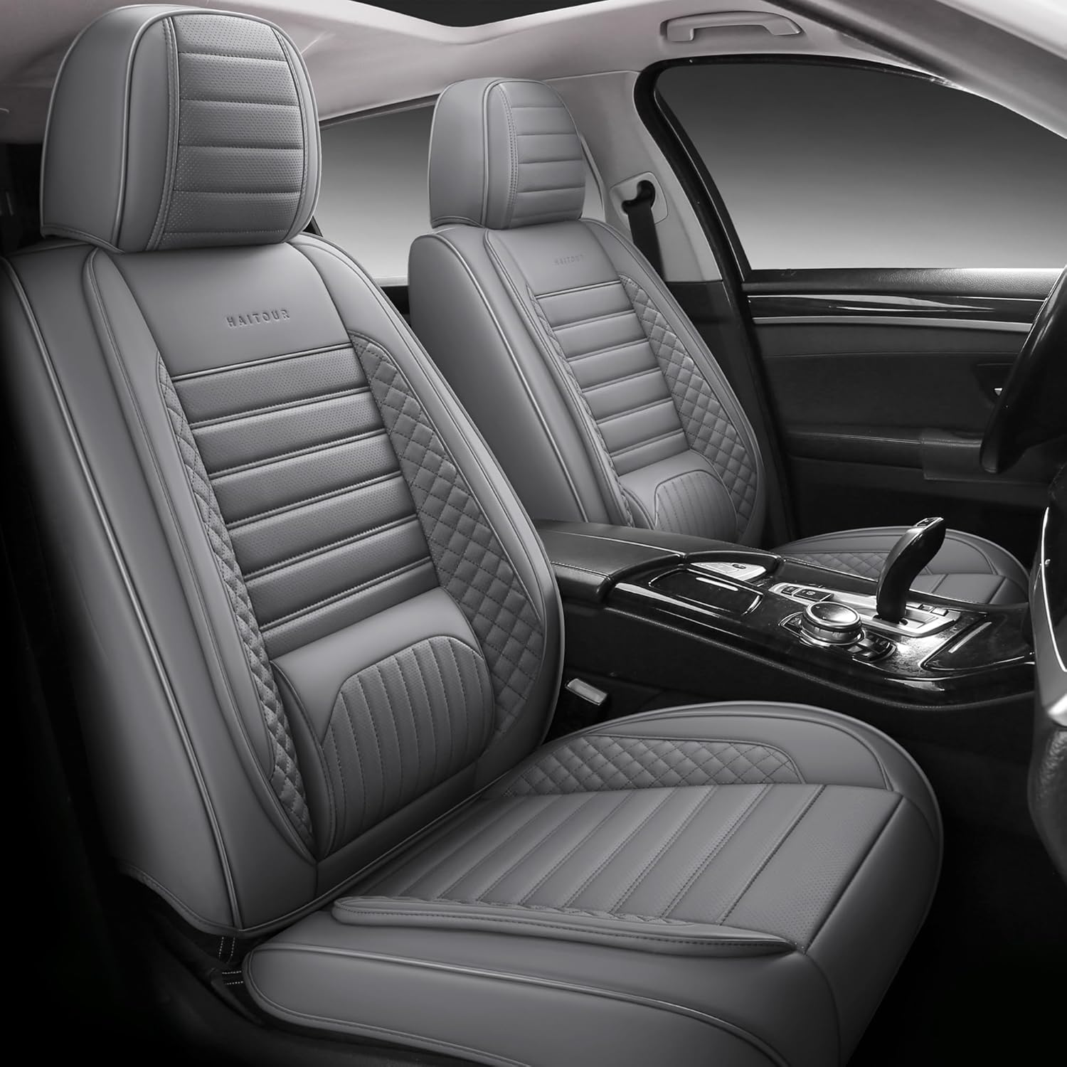 Full Coverage Leather Front Car Seat Covers 1 Pair Universal Fit for Most Cars Sedans Trucks SUVs with Waterproof Leatherette in Automotive Seat Cover Accessories(Grey)