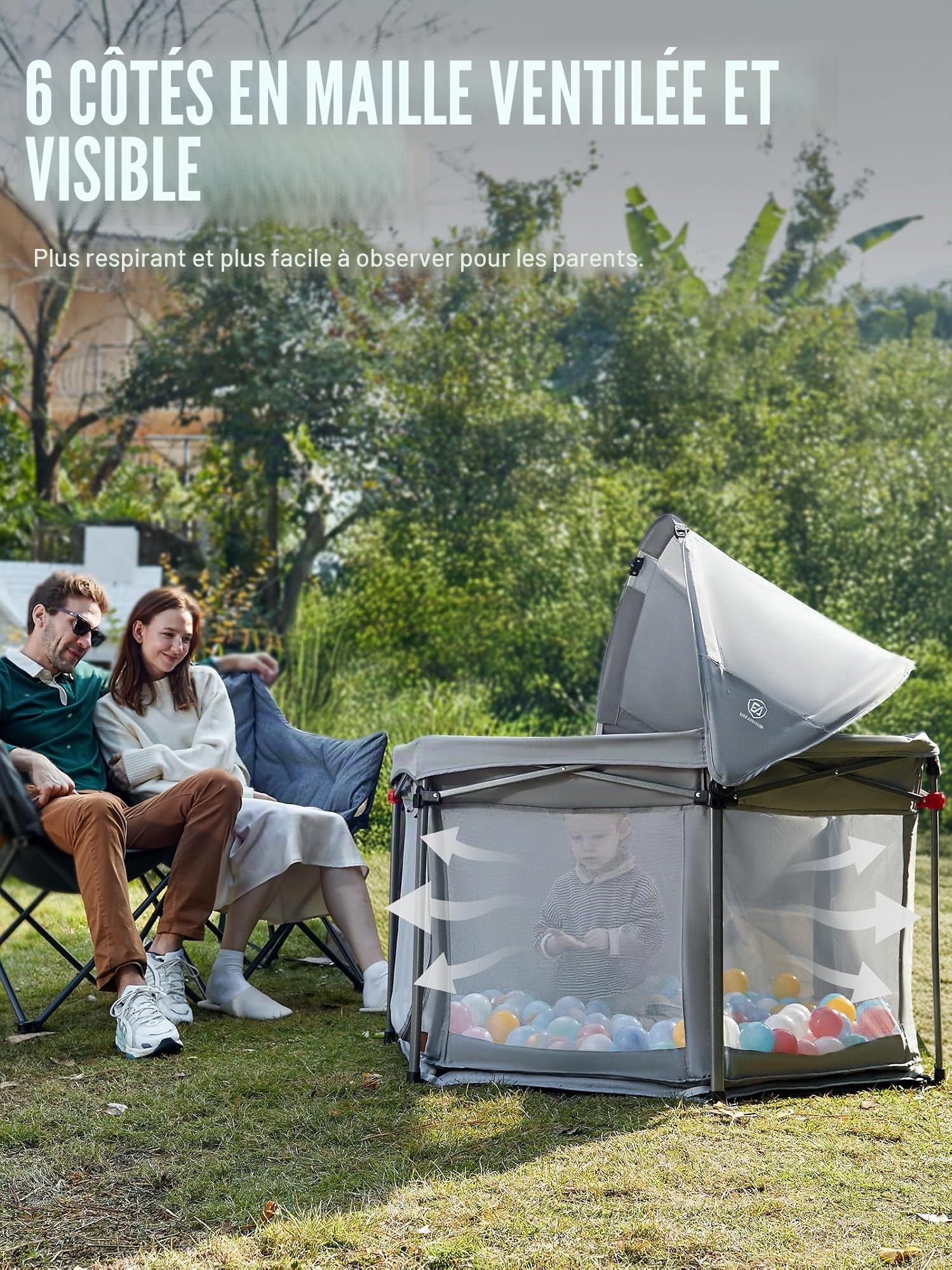 EVER ADVANCED Parc Bébé Pliable avec Matelas - Parc pour Enfant 6 Panneaux avec Ombrelle, Sécurisé pour Intérieur et Extérieur, Gris