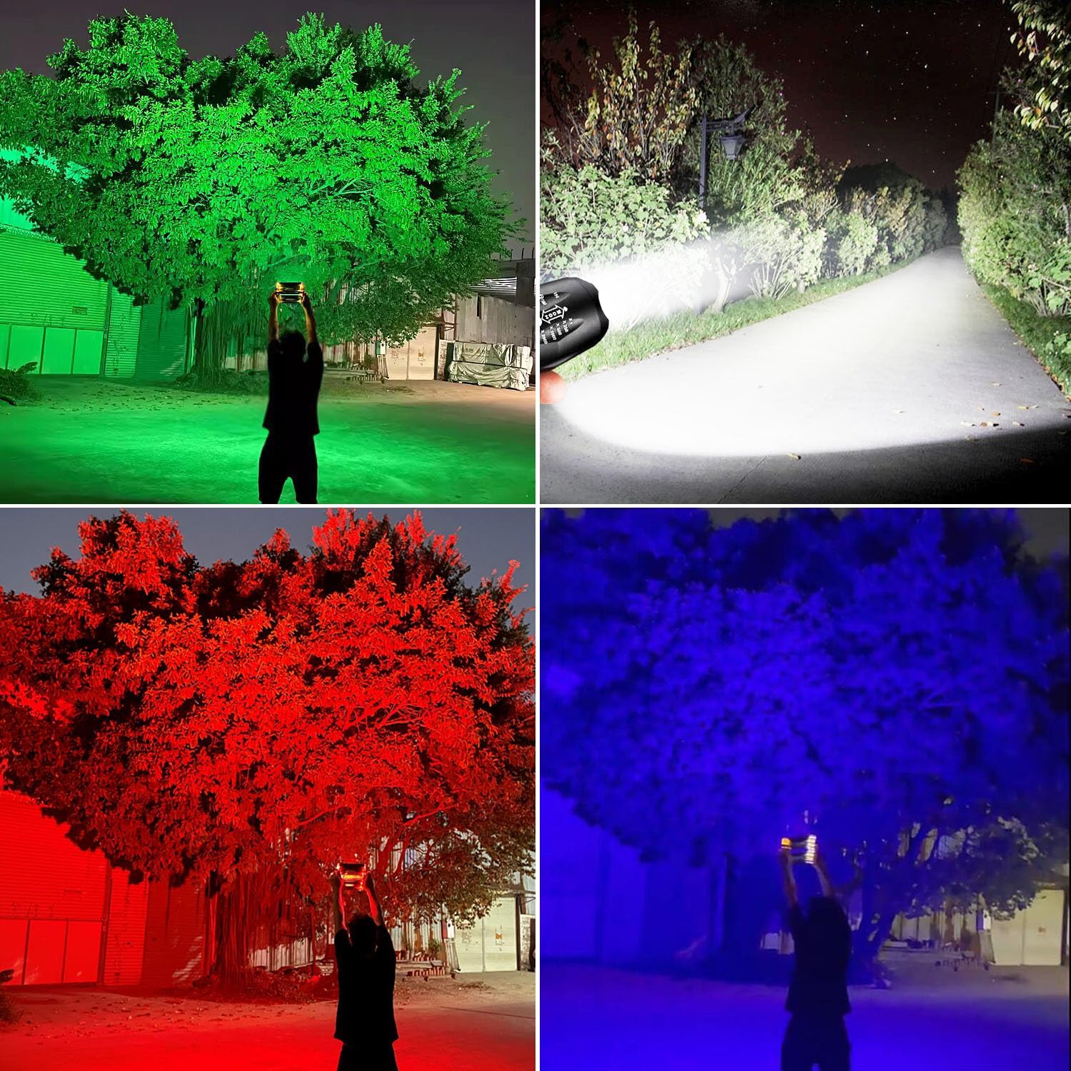 LED Red Flashlight Rechargeable, Zoomable, Waterproof, Powerful, 4 Color in 1 LED Green Light, Blue Light, White Light Flashlight Torch for Home, Outdoor, Camping, Night Observation