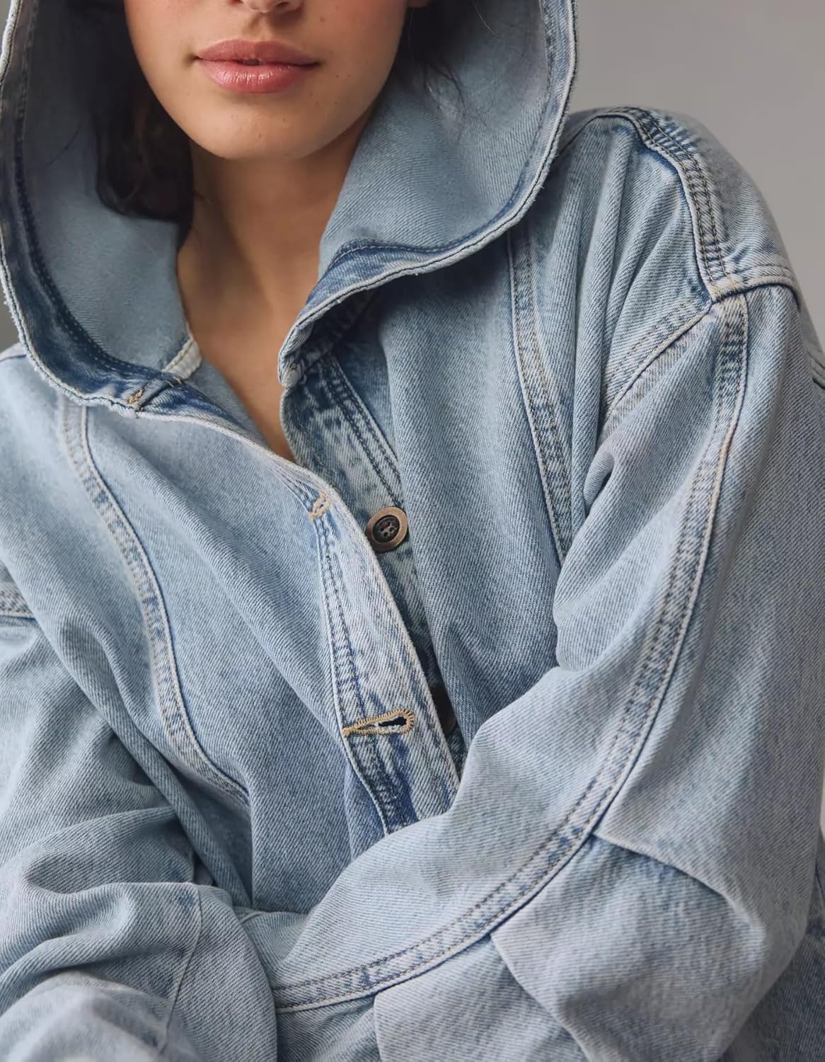 Kedera Women's Denim Hoodie Button Up Pullover Jacket Jean Oversized Sweatshirt Tops with Pocket - Image 3