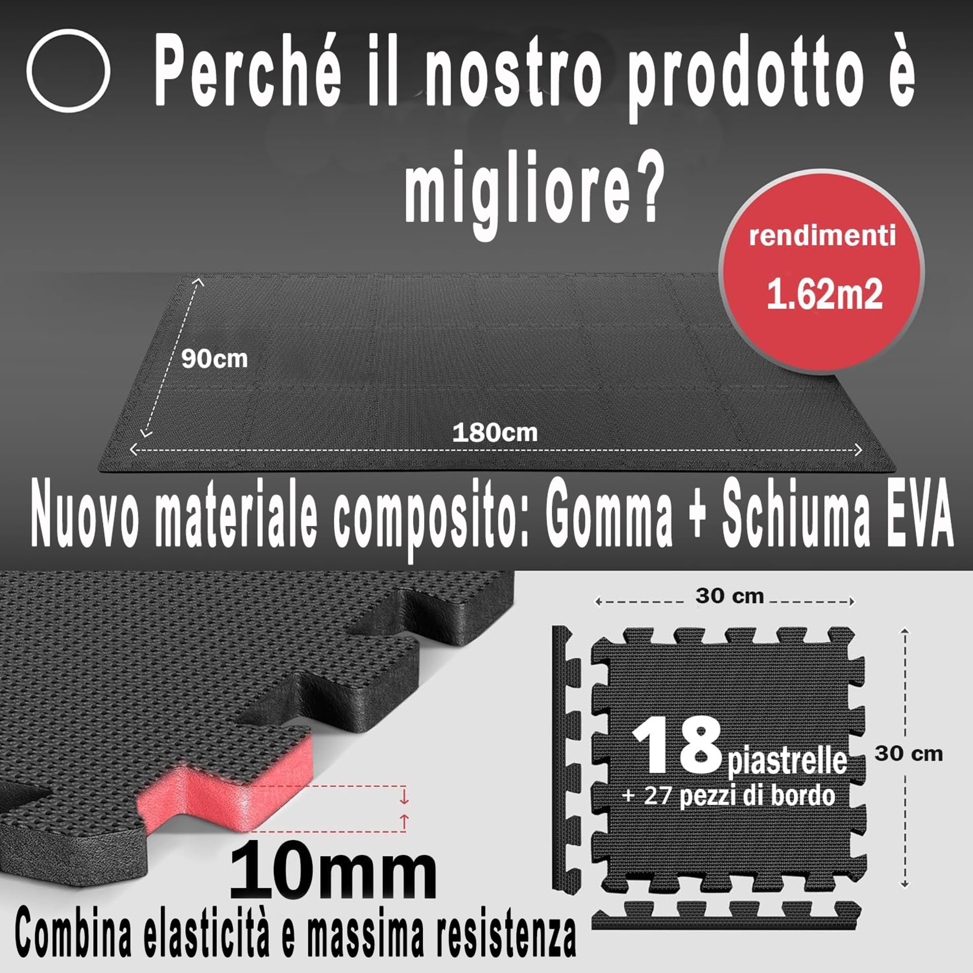 Tappeto Palestra, Tappeto Puzzle, Tappeto Gomma Antiscivolo, set x 18, Tappetino Fitness, Home Gym, Tatami Palestra, Tappeti, Pavimento Gommato Palestra, Tappetino Ginnastica (NERO)
