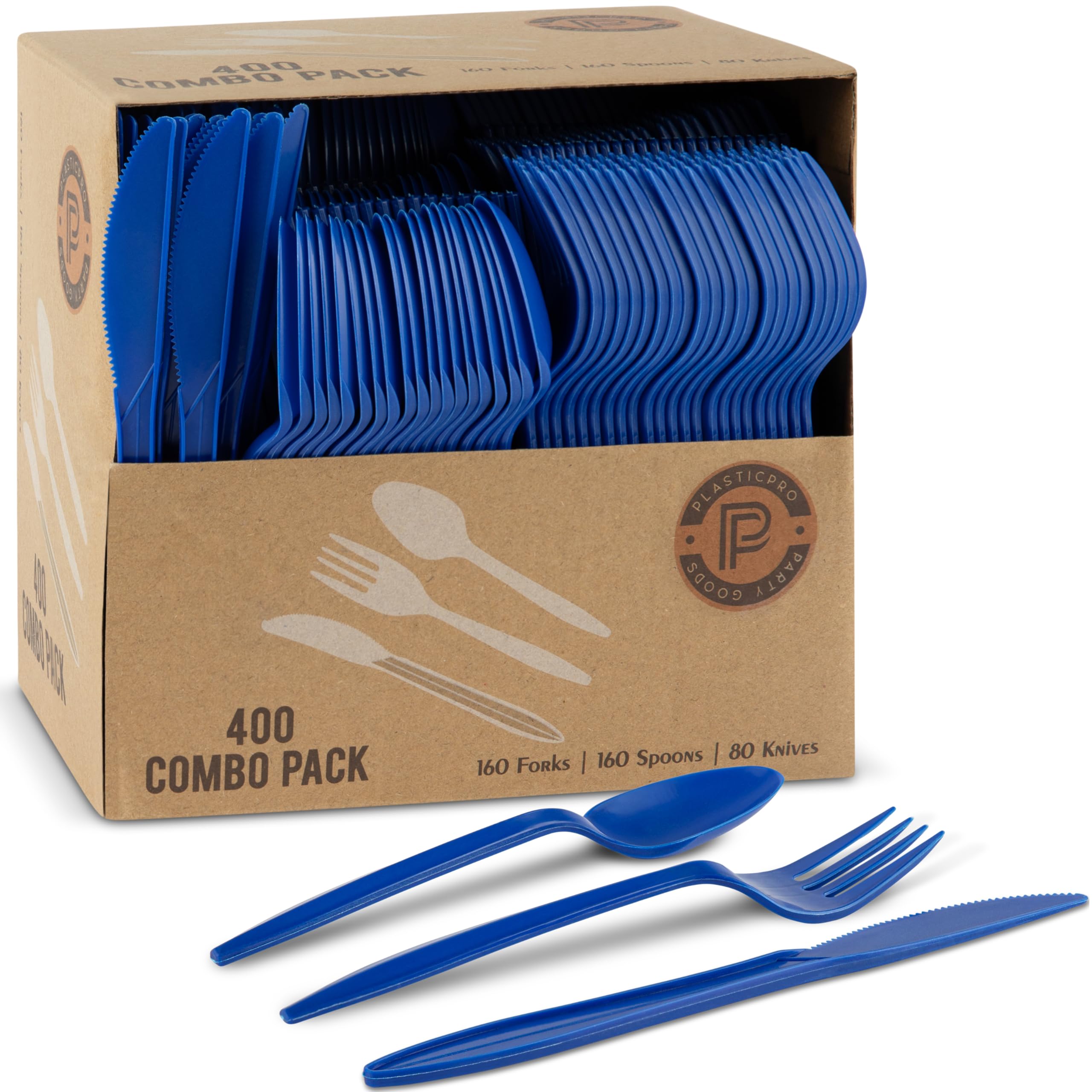 PLASTICPRO 400 Pack Disposable Chanuka Plastic Utensils Assorted Colored Cutlery Combo Set Forks Spoons Knives Silverware, Blue Plastic Cutlery for Parties Blue 400