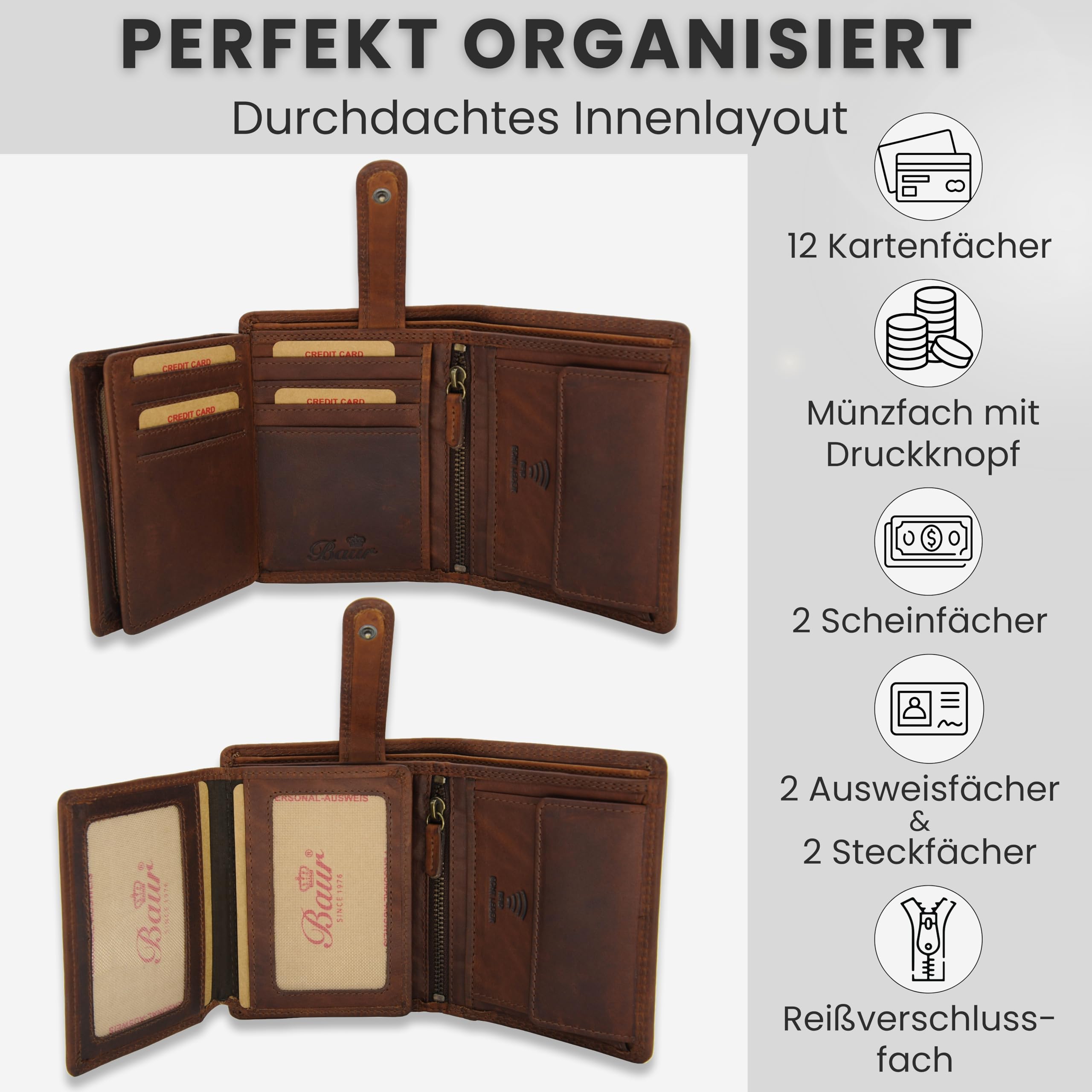 Baur Herren Geldbörse – Echtes Leder mit RFID-Schutz – Großes Vollleder-Portemonnaie im Hochformat mit 12 Kartenfächern – Großes Münzfach (Hochformat mit Druckknopf innen, Dunkel Braun)