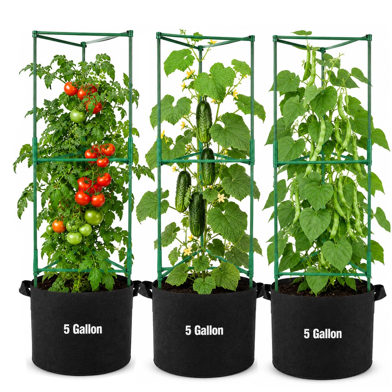 JQTOP 3 Pack Tomato Grow Bags with Adjustable Support Cages, 5 Gallon Felt Plant Pots with Trellis for Tomatoes Cucumbers Beans Peas, Patio Balcony Garden Planters (120cm)