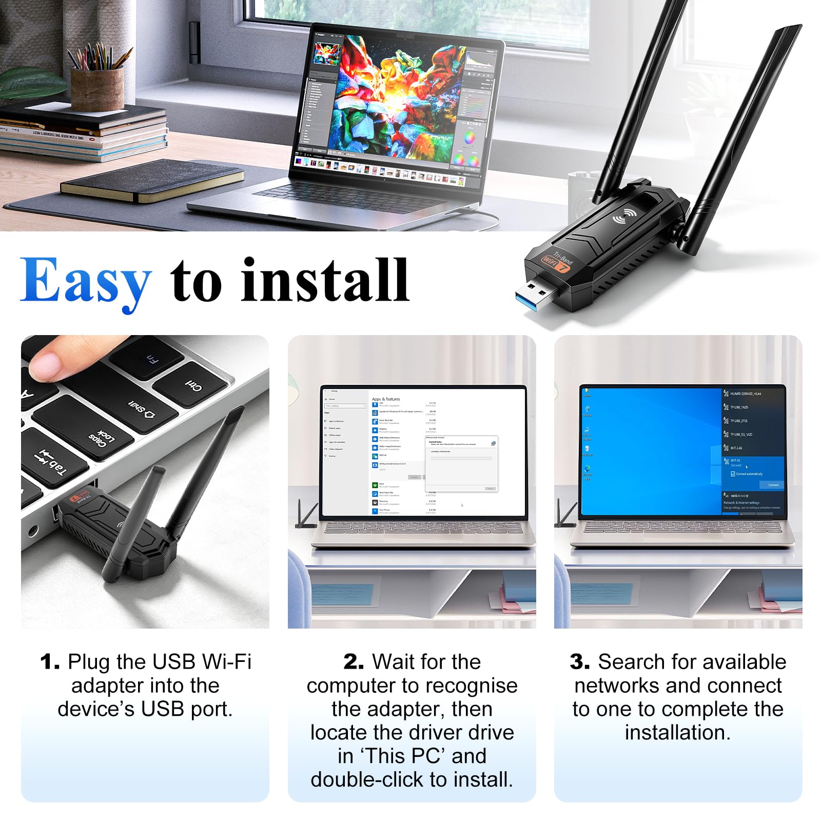 Llave WiFi 7 potente BE6500 llave inalámbrica adaptador USB 3.0