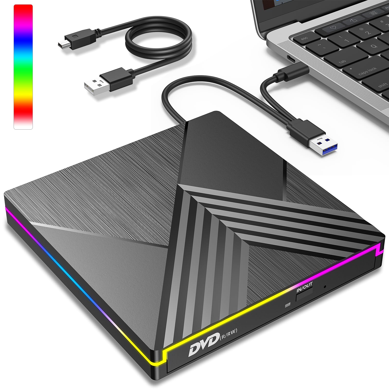 Zewnętrzny odtwarzacz CD DVD, USB 3.0 i Type-C Nagrywarka CD DVD Napęd zewnętrzny, zewnętrzny dyskietek RGB DVD +/-RW Napęd dla komputerów PC Laptop Desktop MacBook OS Win11/10/8/7/XP Linux