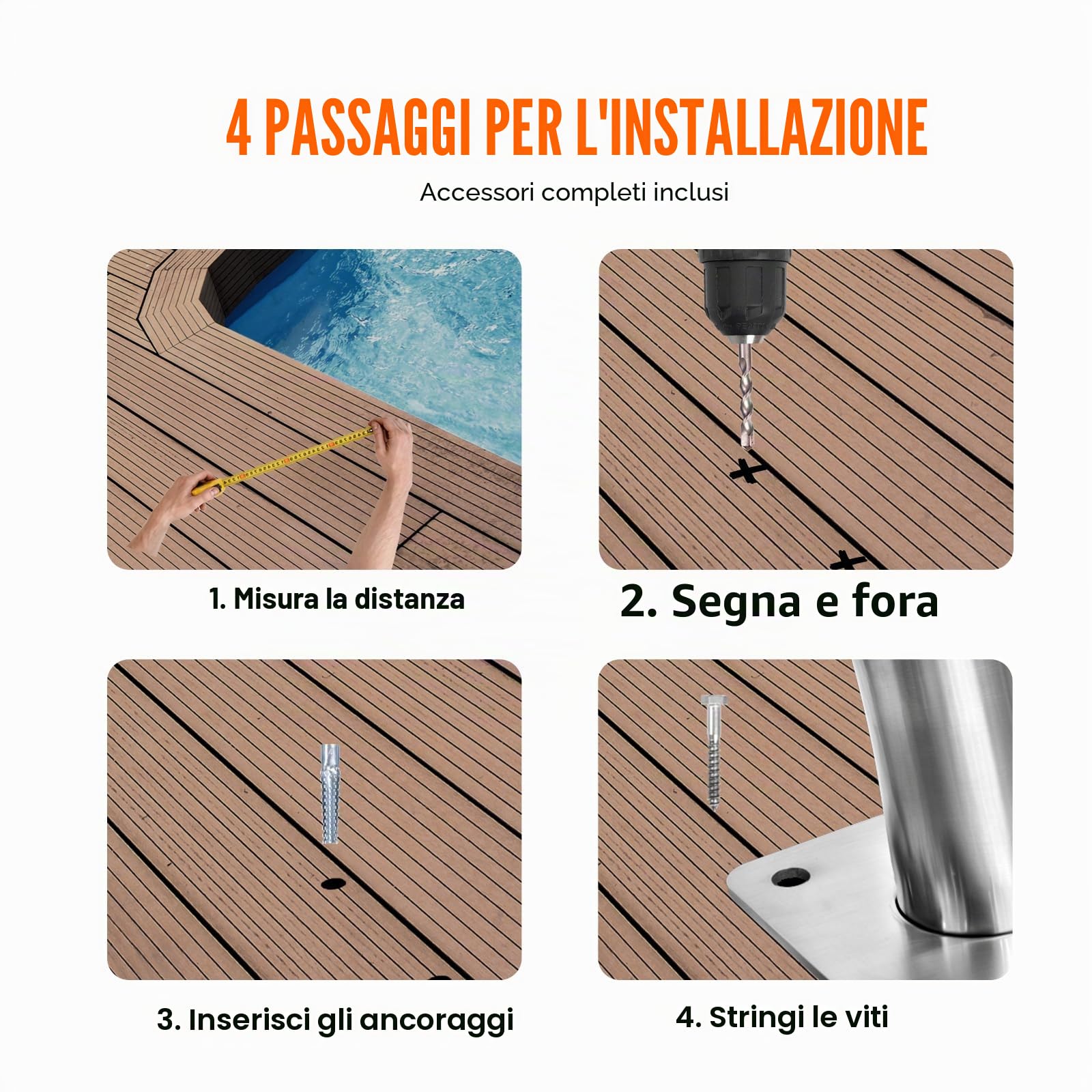 VEVOR Corrimano per Piscina, Confezione 2, Ringhiera per Piscina 762 x 762 mm Acciaio Inossidabile con Piastra di Base per Piscine Interne Esterne, Ringhiera di Sicurezza per Piscina, Bianco Argento