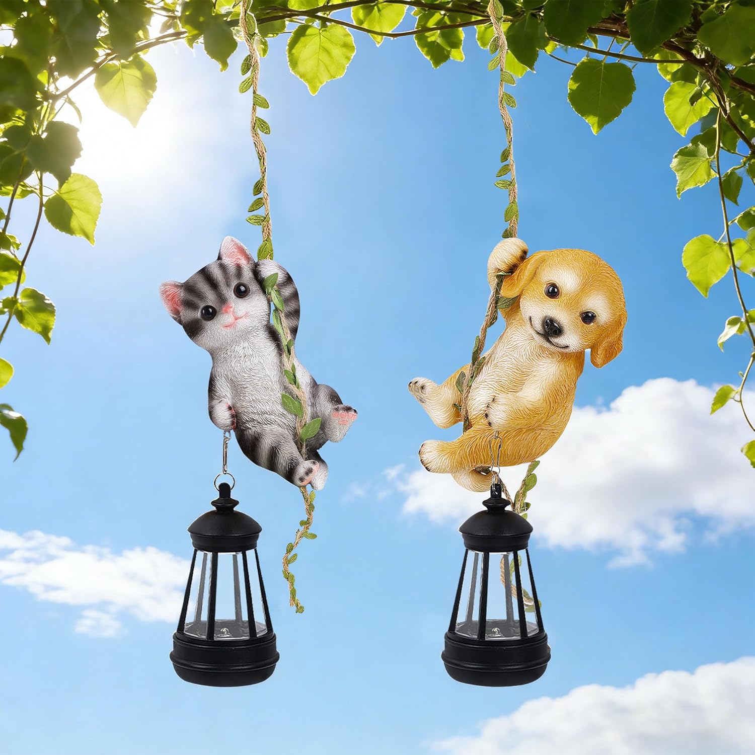 Set of 2 Solar Hanging Statue, Outdoor Resin Black White Cat & Golden Retriever Dog Figurine with LED Lights, Animal Ornament for Garden, Fence, Porch, Patio, Yard Decor