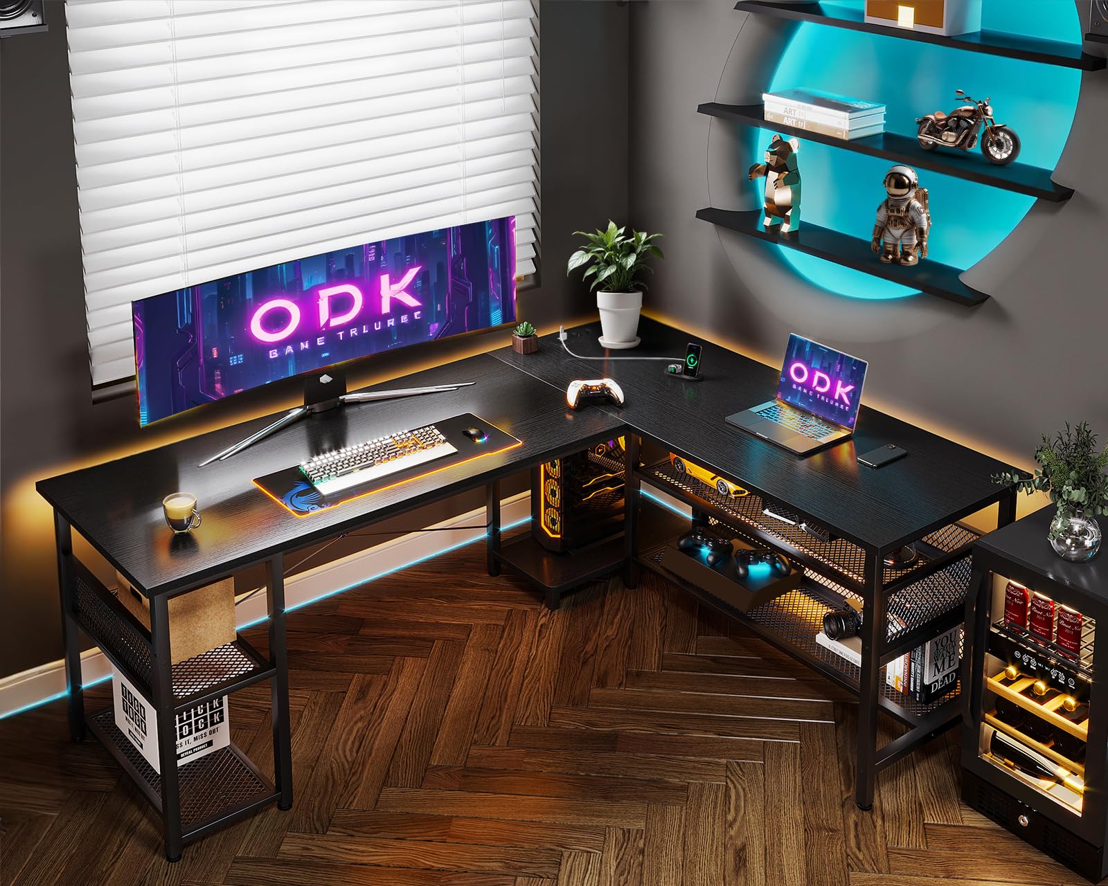 ODK Scrivania Gaming ad L con Design Reversibile, Scrivania con Ampio Spazio di Archiviazione, Scrivania ad Angolo con 2 Prese e 2 Porte USB, Nero, 168×120cm