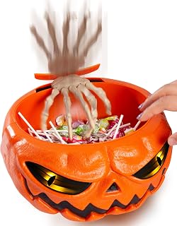 Animatronic Halloween Candy Bowl Decorations - Pumpkin Candy Dish Decoration Touch Activated with Creepy Sound, Skull hand, Light Up Animated Eyes, Scary Large Candy Bowls Prop for Decor Indoor
