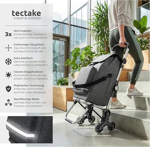 tectake® 56L Shopping Trolley on Wheels with 3-in-1 Function as Grocery Trolley, Shoulder Bag & Sack Truck, Folding Shopping Cart with Aluminium Frame, Stair-Climbing Wheels & Cooler Bag - Grey - 2