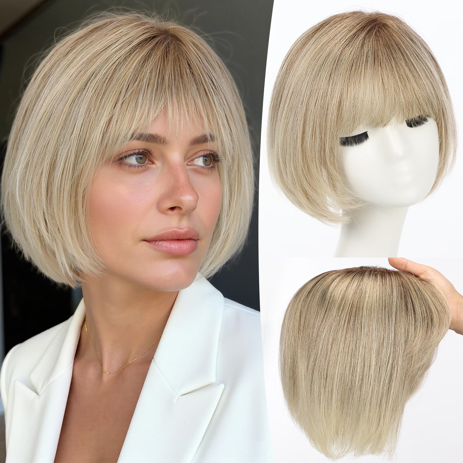 starluck Hair Toppers for Women Real Human Hair,6.5x6.5 inch Base Ash Brown to Platinum Blonde Short Bob with Bangs Side Part SilkHug Hait Toppers for Women wit