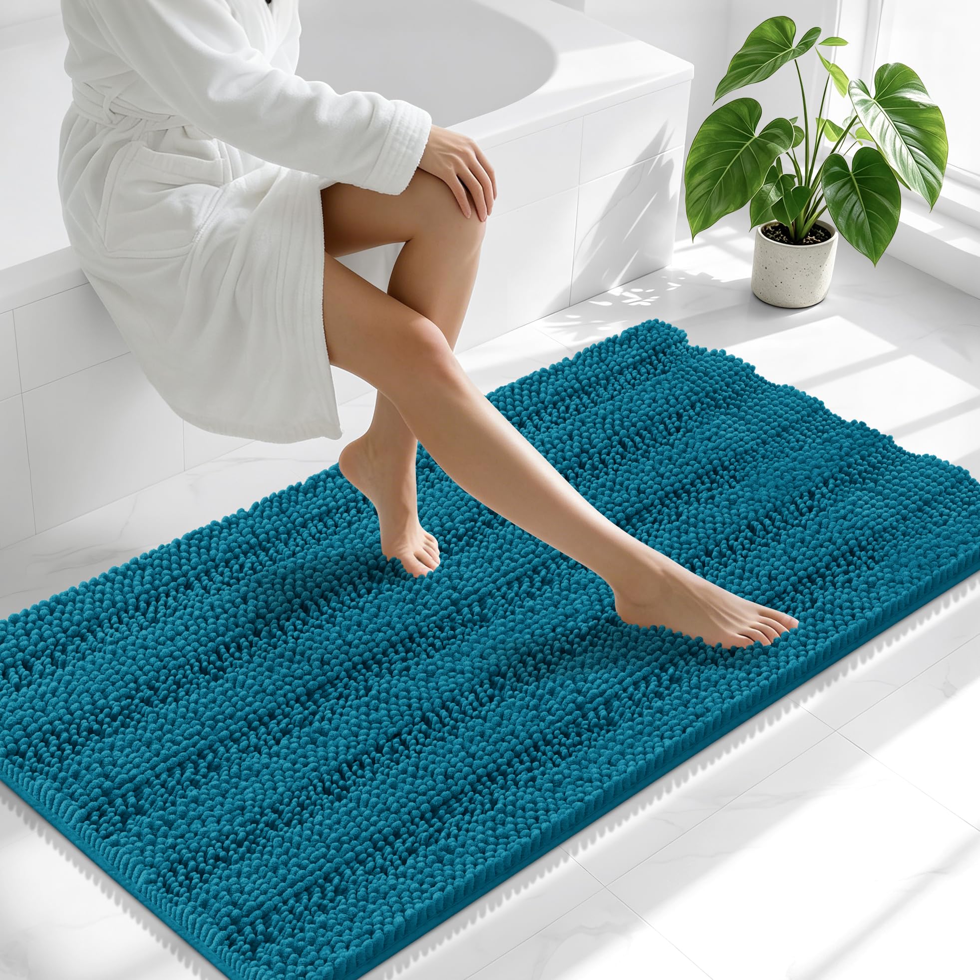 Smiry Thick Chenille Bathroom Runner Rugs 47x24, Bath Mat, Peacock Blue