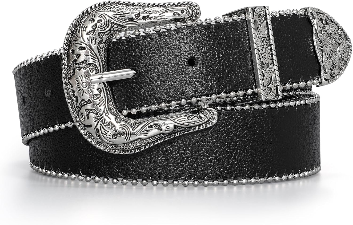 JASGOOD Women Western Leather Beaded Trim Belt Ladies Vintage Western Belt Cowgirl Belts For Jeans Pants Dresses