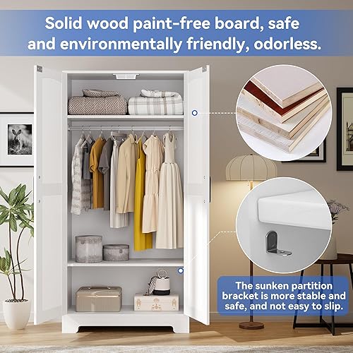 Miniatura 4 de Armario Ropero de Madera, Gabinete Armario con Puerta y Estantes, Armarios de Dormitorio Independientes Gabinete de Almacenamiento de Ropa con Barra