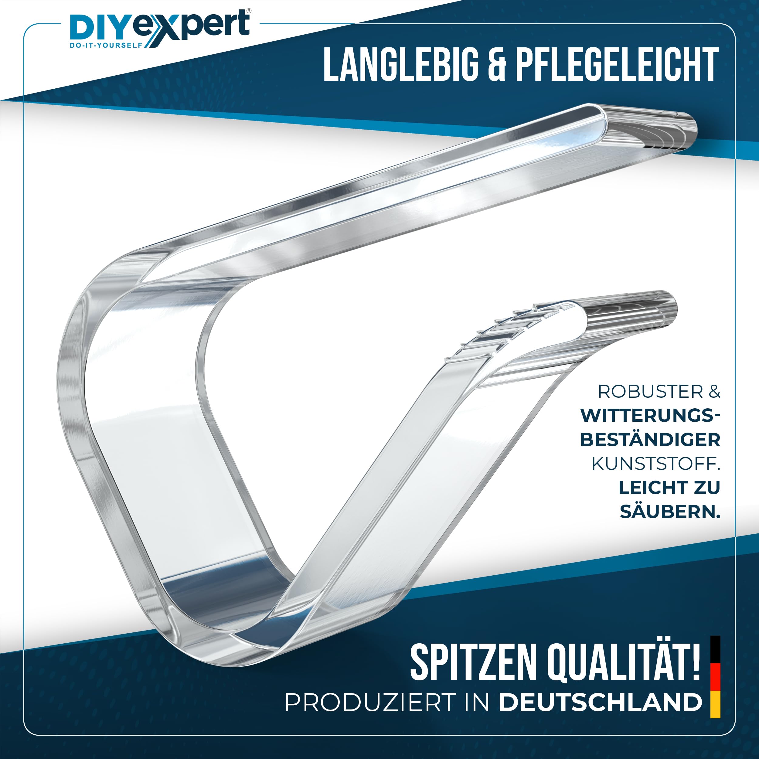 DIYexpert Mollette per tovaglia, trasparenti, prodotte in Germania, fino a 25 mm, 8 pezzi, resistenti alle intemperie e antiscivolo, mollette da tavolo per giardino, balcone e interni