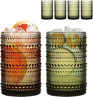 Set of 4 Hobnail Drinking Glasses,15 oz Cornflower Green, Vintage Jupiter Drinking Glasses,Embossed Old Fsahioned Glassware for Beer,Water,Juice,Cocktail,Whiskey,Gift (Green)