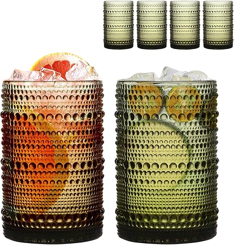 Miniatura 13 de Juego de 4 vasos para beber Hobnail de 15 onzas, vasos vintage de Júpiter, cristalería antigua en relieve para cerveza, agua, jugo, cóctel, whisky,