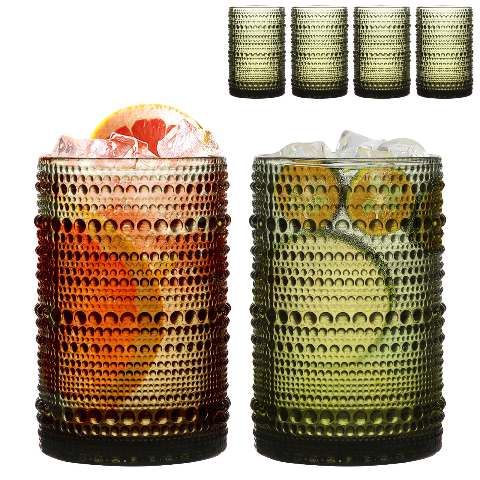 Set of 4 Hobnail Drinking Glasses,15 oz Cornflower Green, Vintage Jupiter Drinking Glasses,Embossed Old Fsahioned Glassware for Beer,Water,Juice,Cocktail,Whiskey,Gift (Green)