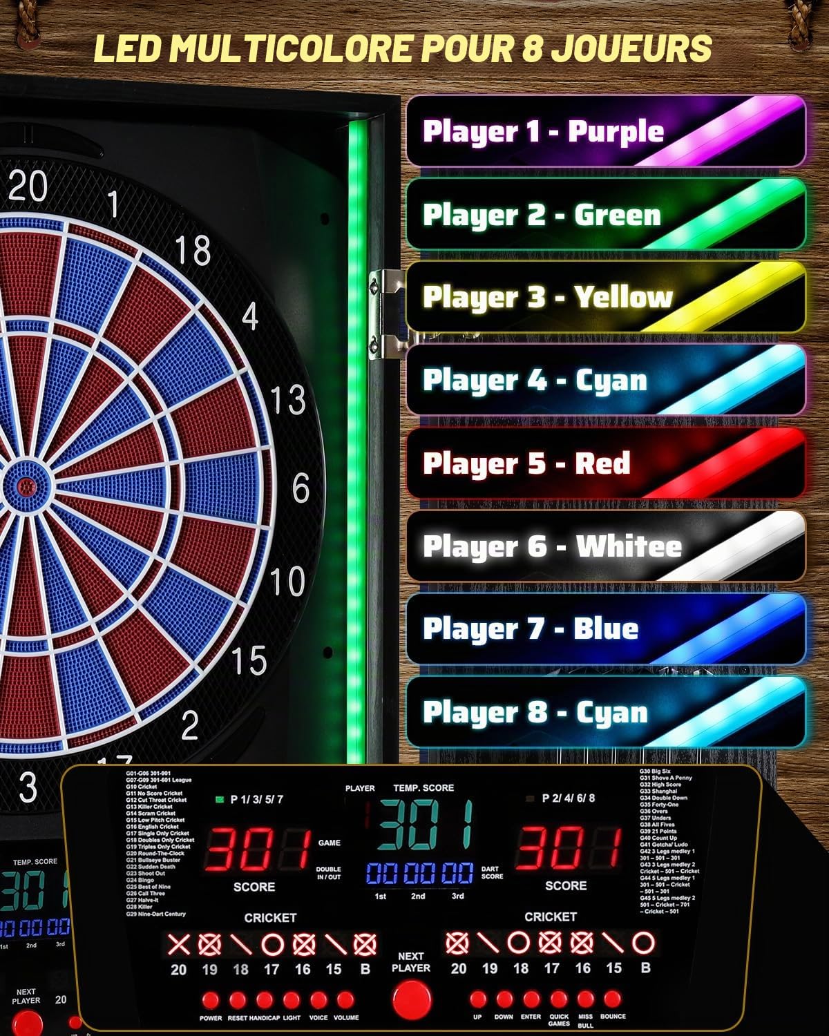 Jeu de Flechette Electronique, LED Coffret pour Cible Flechette | [12 Fléchettes][Coffret en bois] 8 Couleurs pour 8 Joueurs, Jeux de Flechettes Adulte Électronique, Familiaux & Bar - NOIR