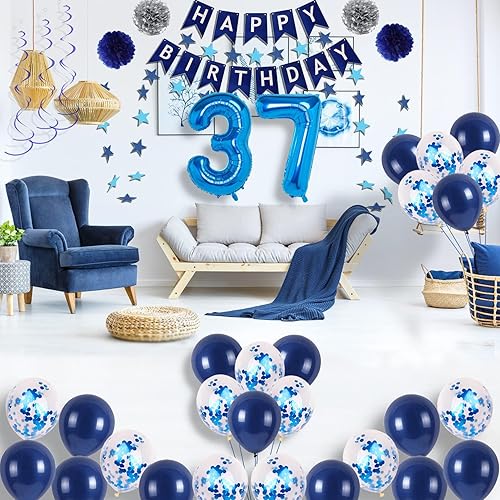 Miniatura 58 de Decoraciones de fiesta de cumpleaños azul número 16 para niños y niñas, suministros de globos de feliz cumpleaños 16 con pancarta de feliz