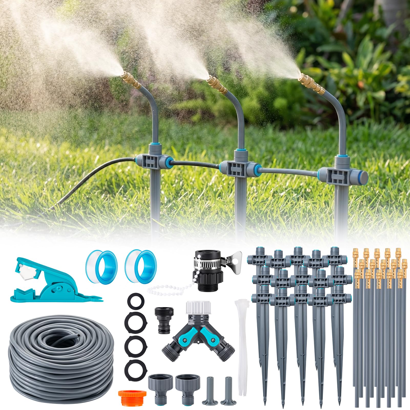 Garten Bewässerungssystem mit Erdspieß 360° Frei Verstellbar, Tropfbewässerung Präziser Durchflussregelung, Sprinklersystem Kühlsystem für Gewächshaus, Hochbeet, Terrasse, Balkontopfpflanzen