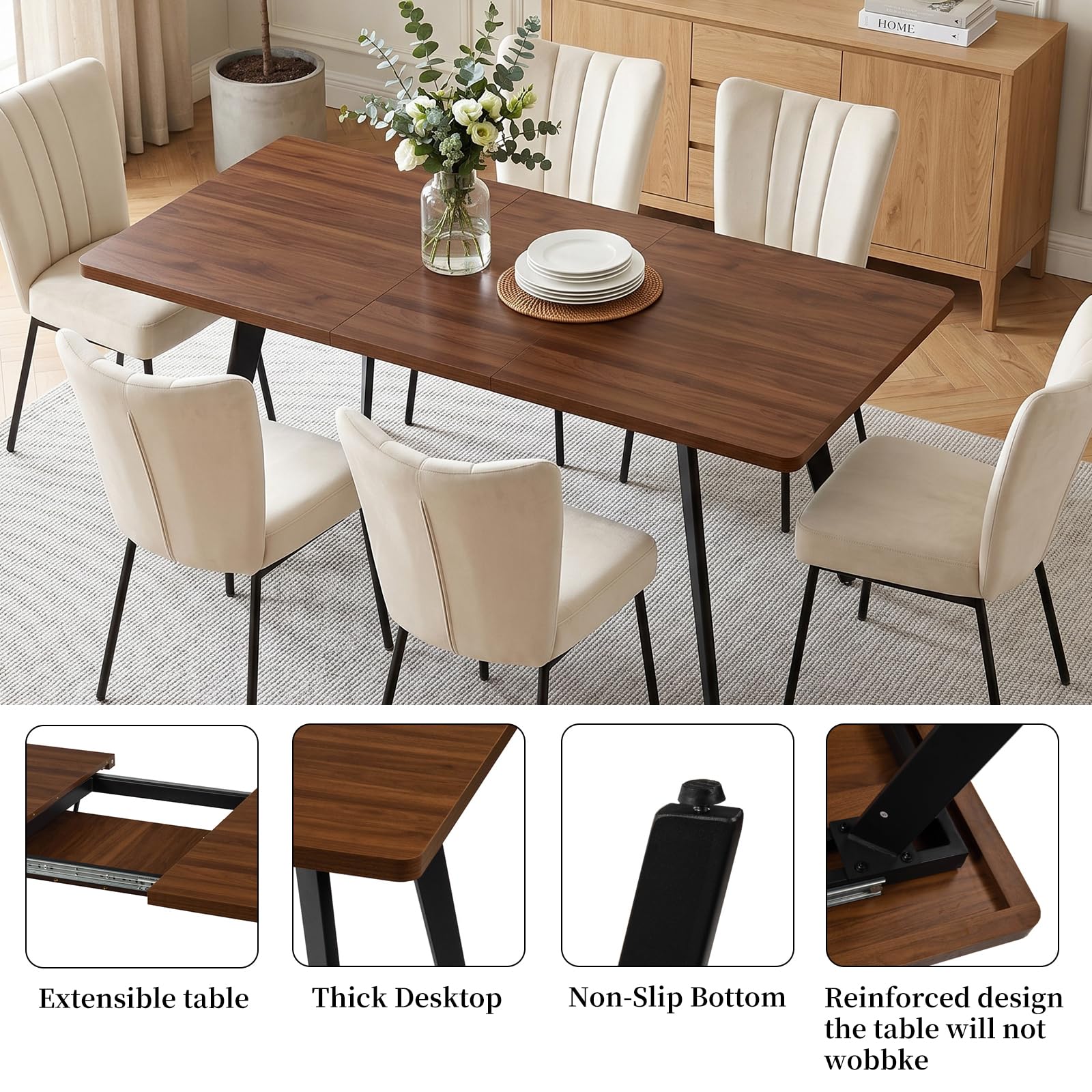 JIEXI Ausziehbares Esstisch-Set mit 6 Stühlen, platzsparender MDF-Tisch und stabilem Metallgestell, ideal für Esszimmer, Küchen und Wohnungen – Tisch in Nussbaum + Stühle mit beigem Samtbezug