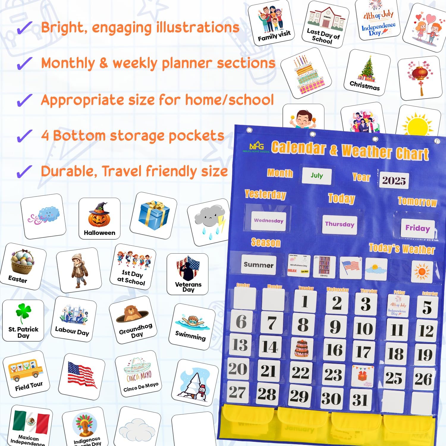 Pocket Chart for Classroom Calendar & Weather – 148 Learning Cards with Dates, Months & Holidays – 48 Pockets Durable Hanging Chart for Kids, Teachers, Preschool, Homeschool & Classroom Decor
