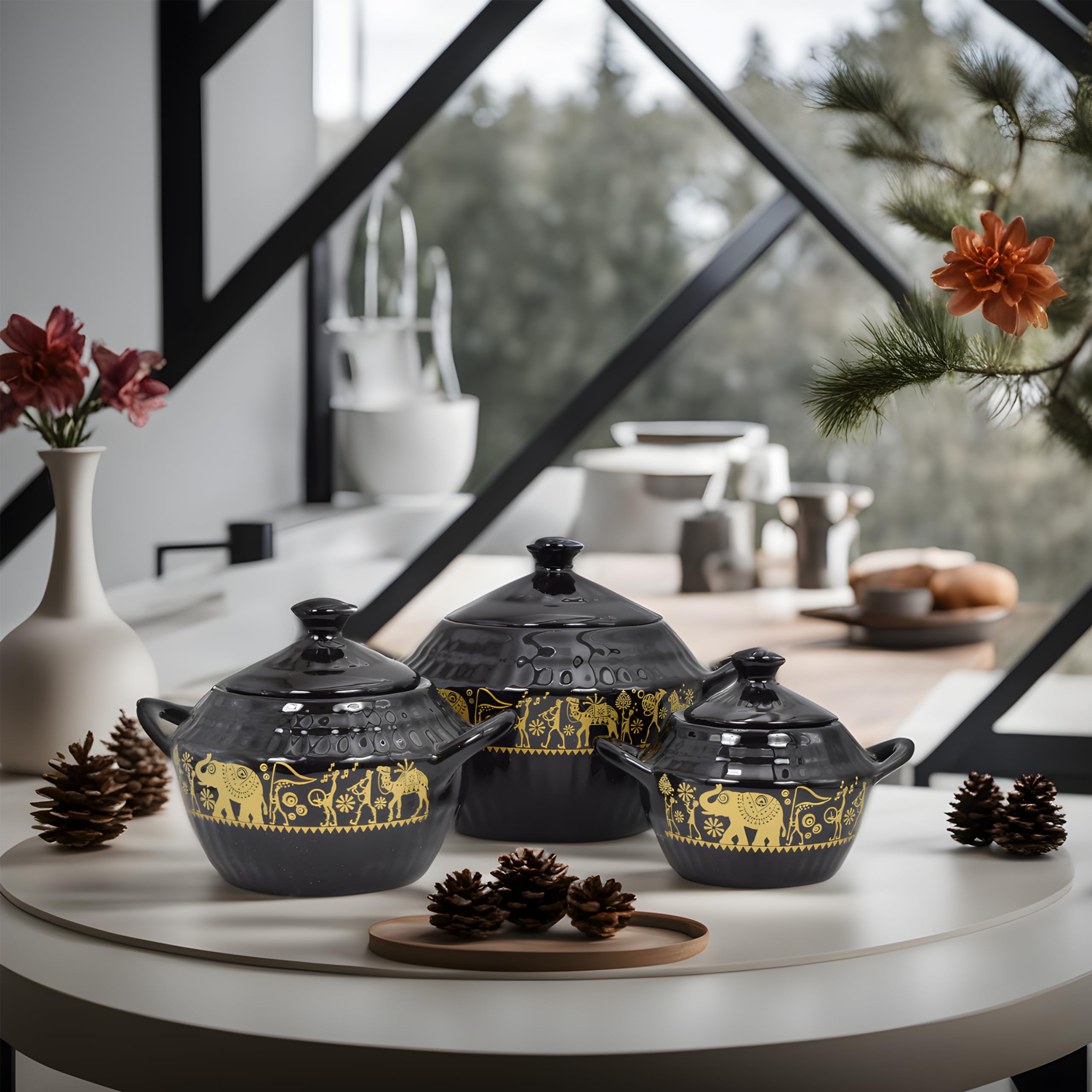 Set of 3 Microwave Safe Ceramic Handi with Lid - Dinner Serving Bowls - Donga Kitchen Bowl Set | 250ml, 500ml, 1000ml (Black)