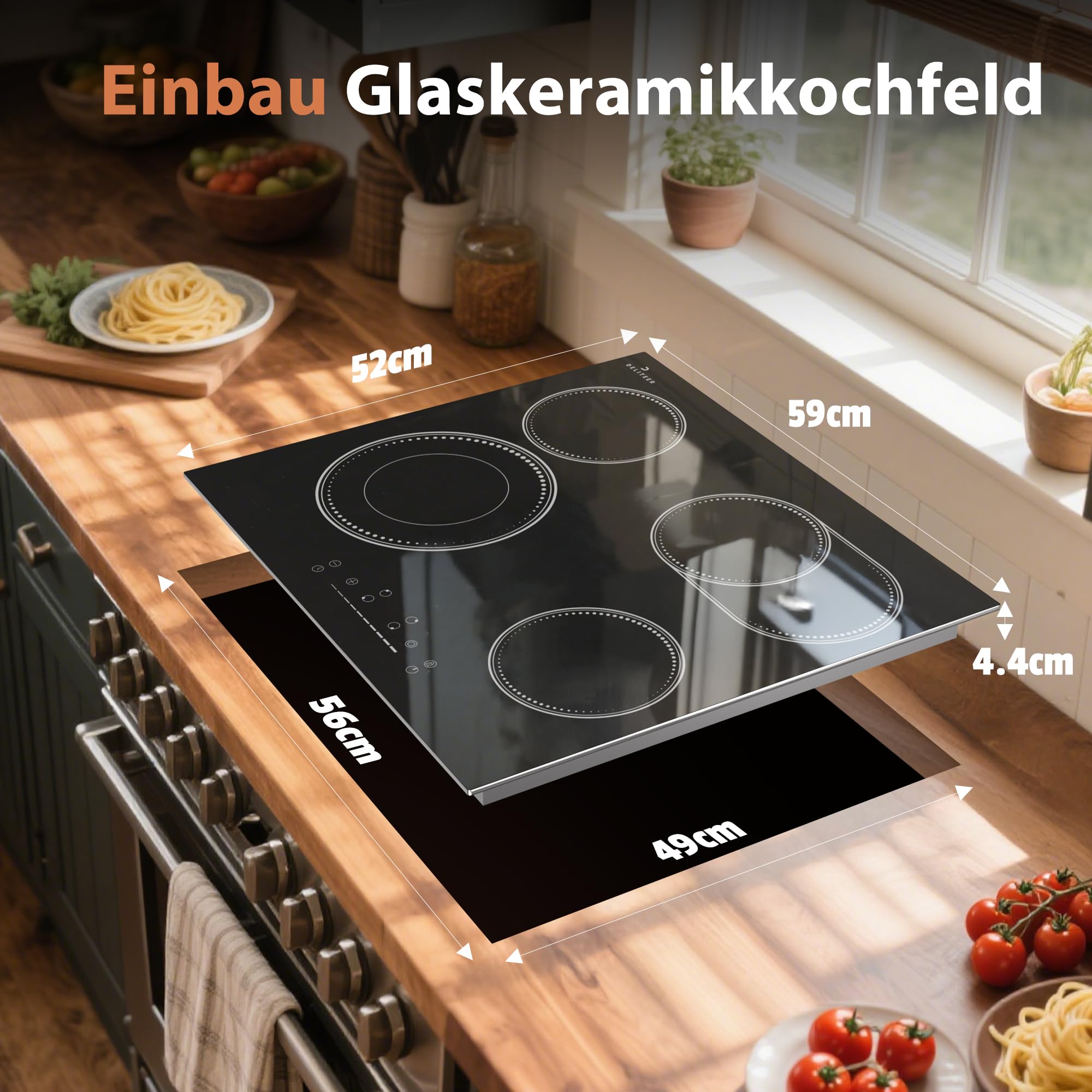 Glaskeramikkochfeld 4 Platten mit Rahmen, Kochfeld Autark, mit Ovaler und Doppelter Zone, Schieberegler Touch, Sicherheitsschloss, Metallrahmen Schutzglas, Kein Stecker, 6600W, 230V