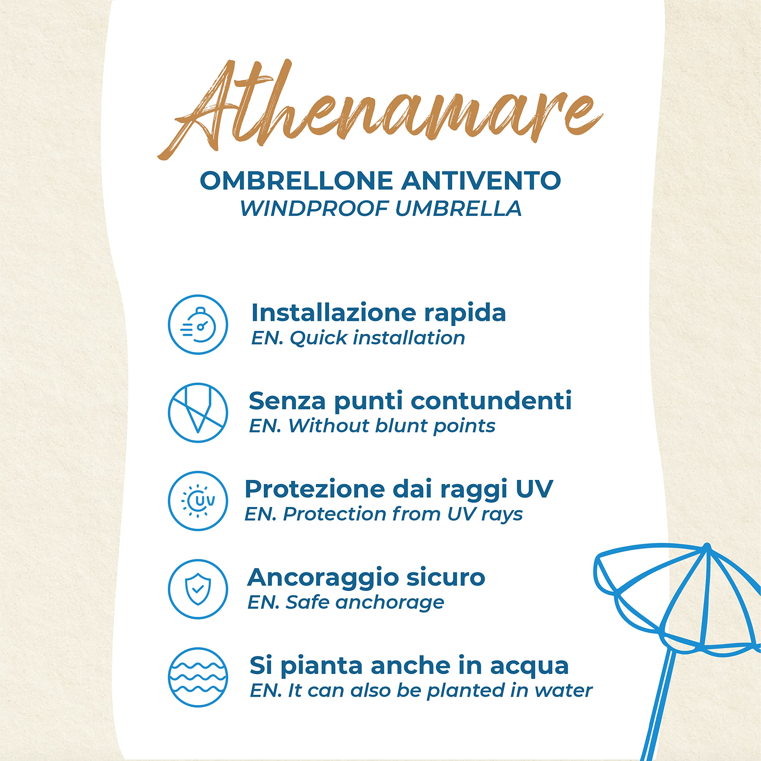 Sfida il vento Ombrellone Antivento resistente in Alluminio con punta a elica brevettata e tessuto con protezione solare UV50+