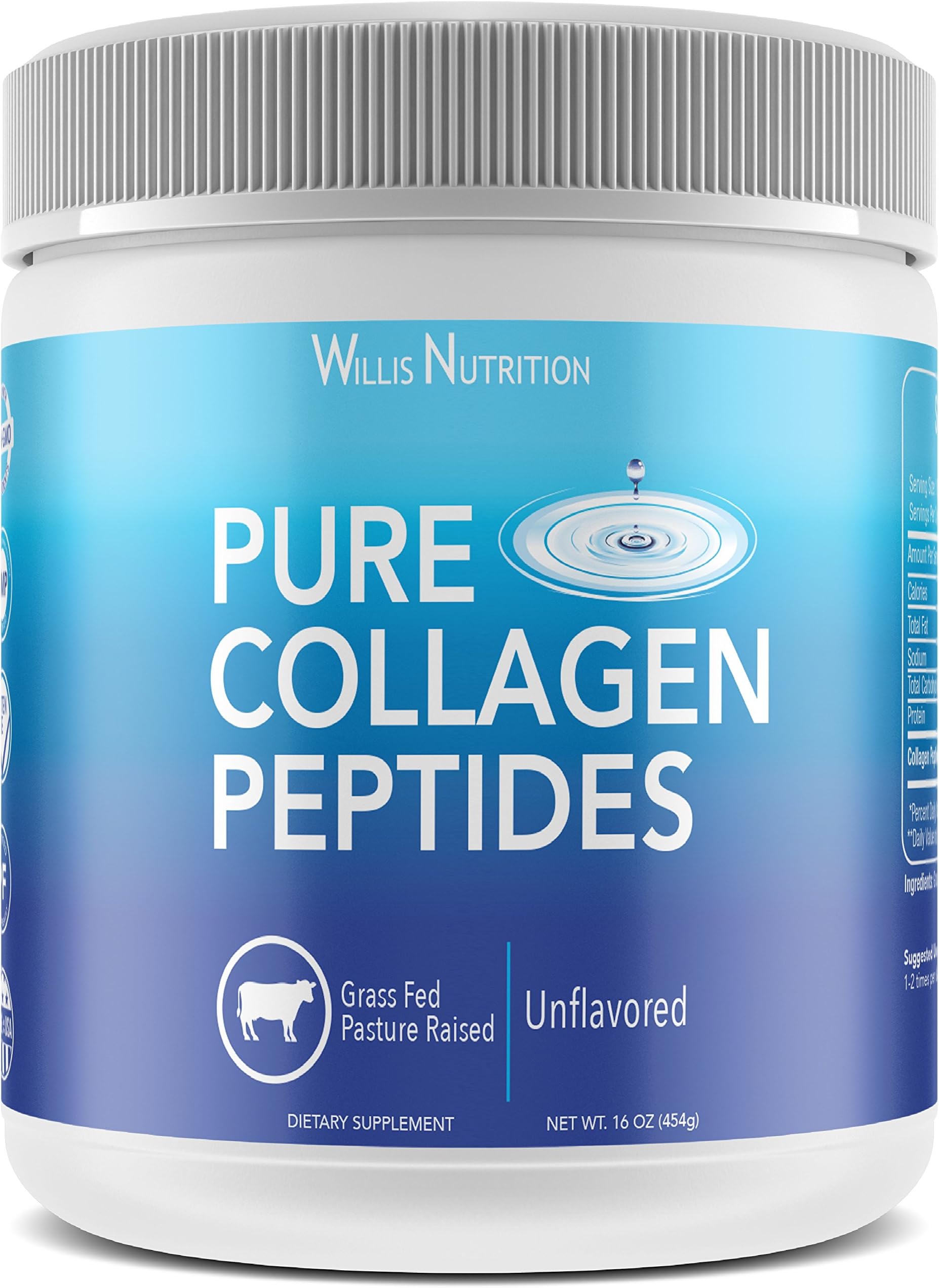 Pure Collagen Powder (16oz) - Grass Fed, Unflavored, Non GMO, Highly Bioavailable Hydrolyzed Collagen Peptides, Gluten Free and Dairy Free Protein