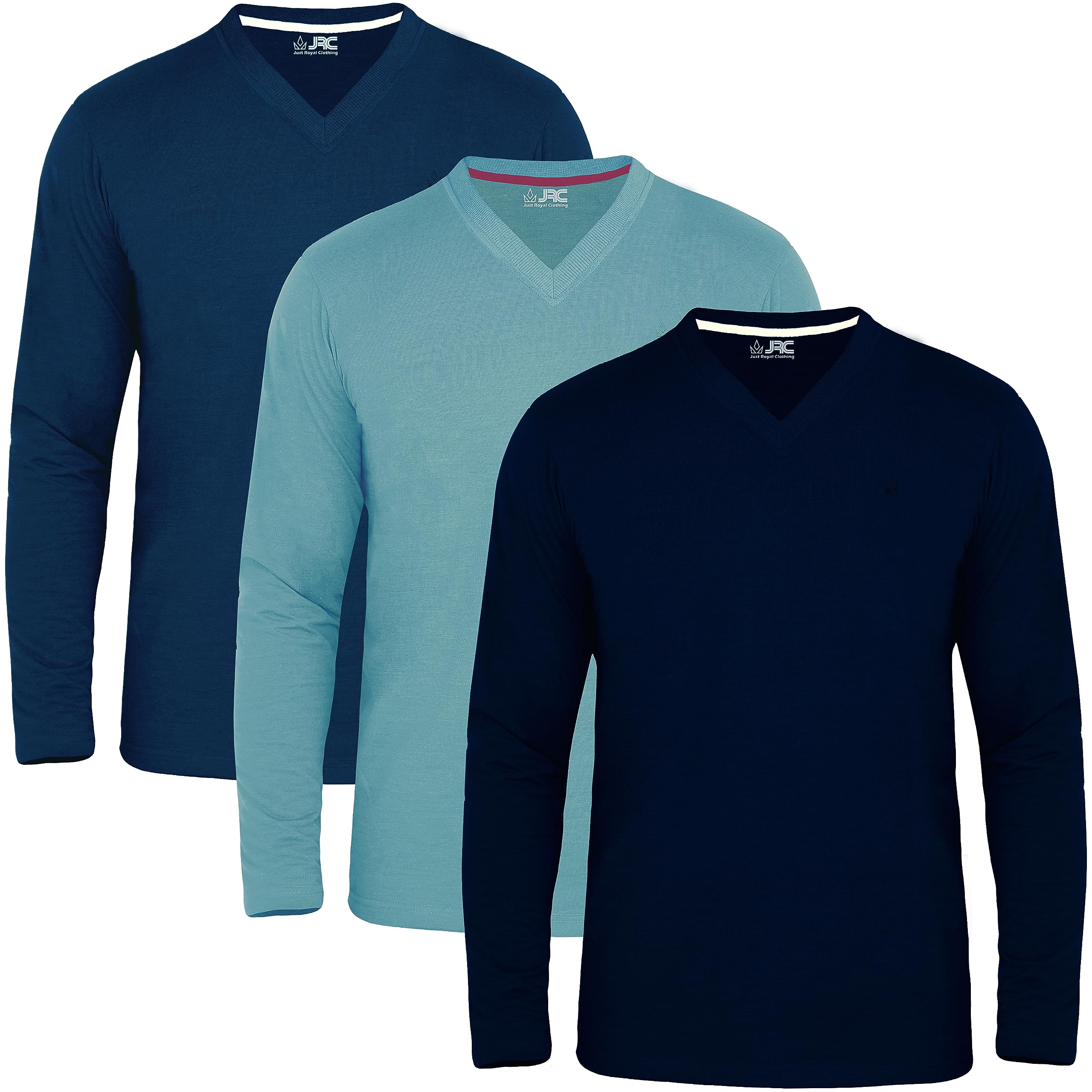 JRC Just Royal ClothingPack of 3 Mens Long Sleeve V-Neck T-Shirts, Casual Vee Neck Tops