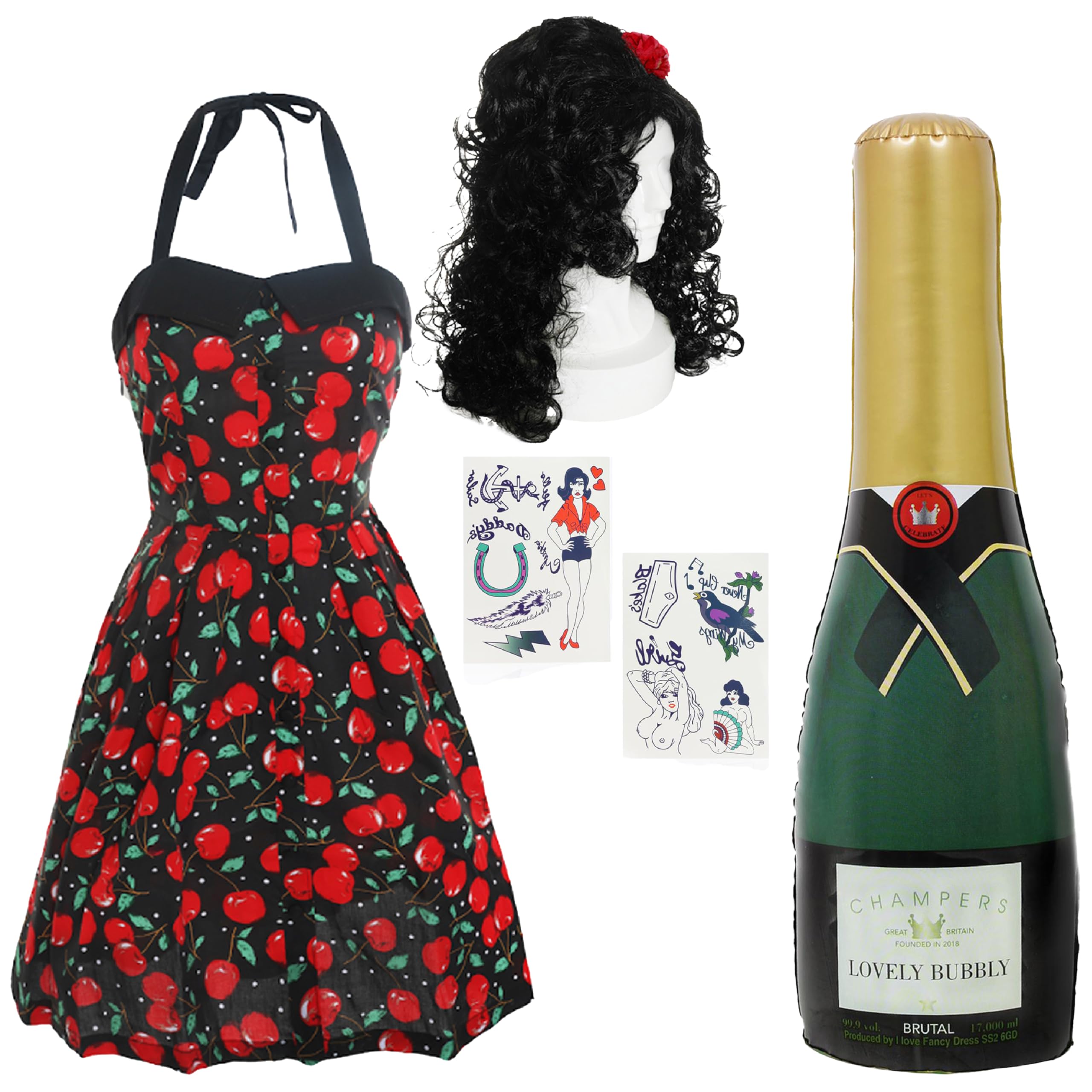 Diva Fancy Dress Set - Large/Xlarge - Cherry Halter Dress, Curly Wig, Inflatable Champagne Bottle & Temporary Tattoos - 2000s Costume for Hen Nights & Parties