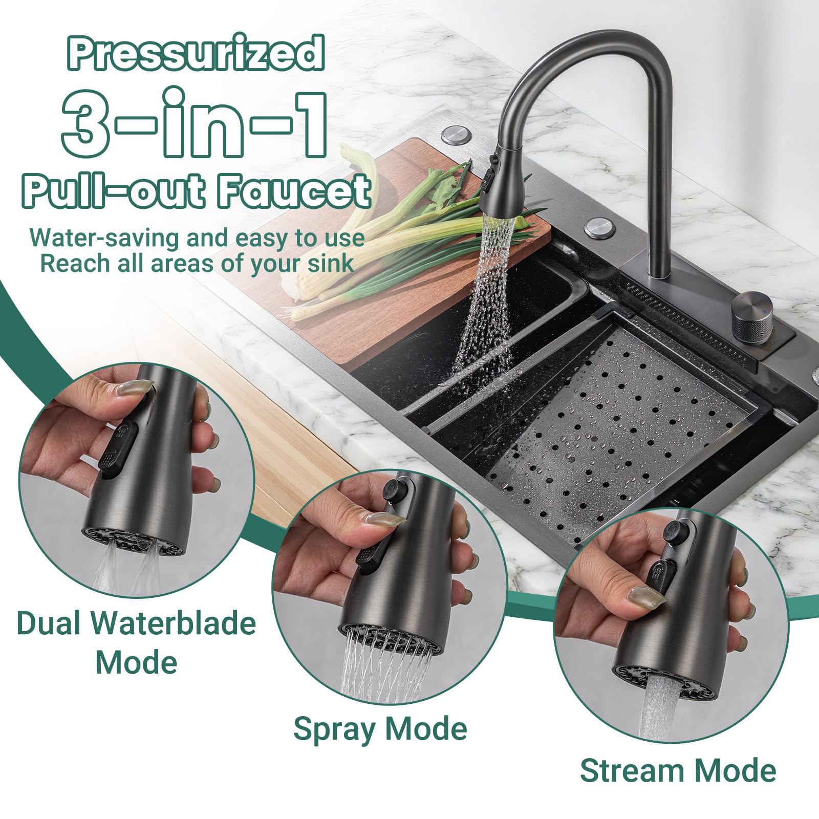 Fregadero de cocina de 30 pulgadas con grifo combinado de cascada negro, fregadero de cocina de cascada de acero inoxidable, encimera de cocina, multifuncional, montaje inferior o encimera, fregadero